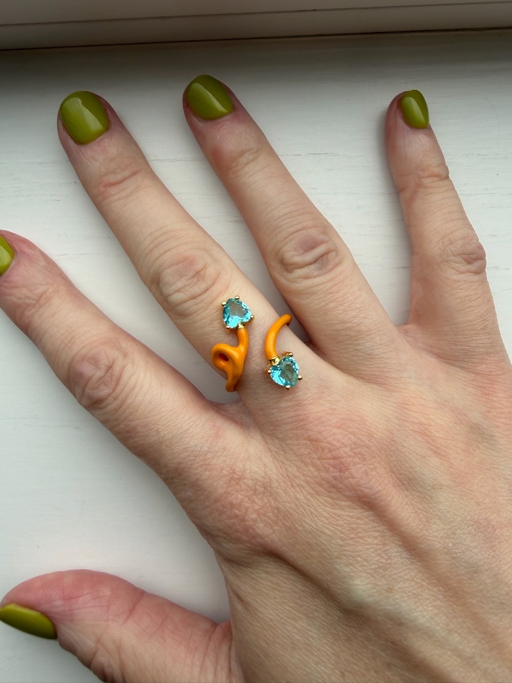 Adjustable Orange Enamel Open Snake Ring with Blue Crystal Accents